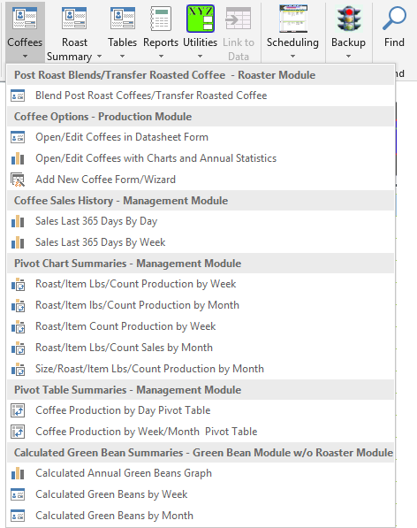 CoffeeRoaster Mgt Navigation Coffees Menu