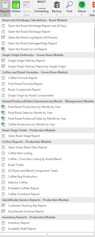 CoffeeRoaster Mgt Reports Menu