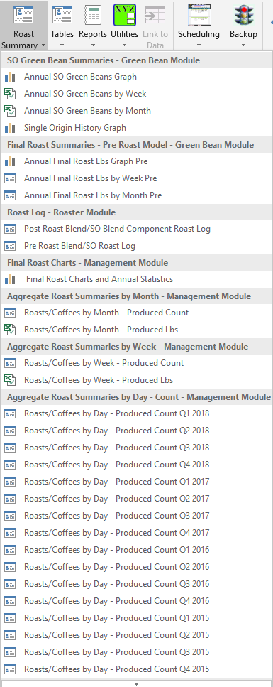 CoffeeRoaster Mgt Roast Summary Menu