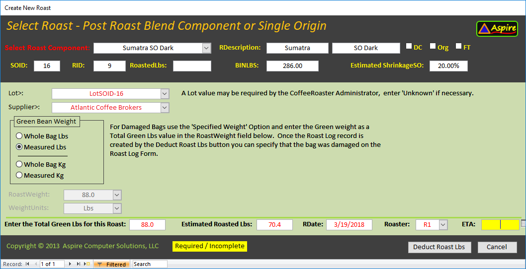 CoffeeRoaster New Roast Form Post Roast 