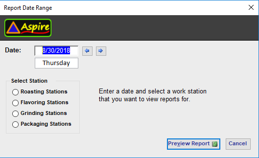 CoffeeRoaster Schedule Select Report Date Range