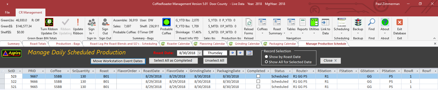 CoffeeRoaster Scheduling Manage Daily Production Results 