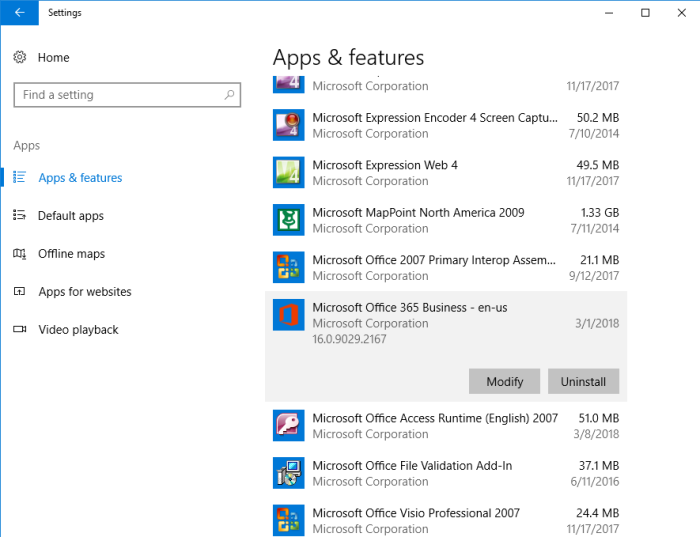 Windows Apps & Features selection