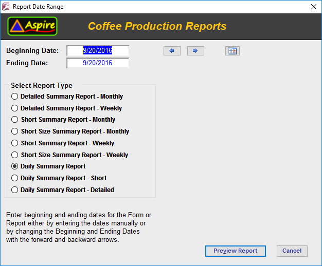 CoffeeRoaster Production Report Date Range Form