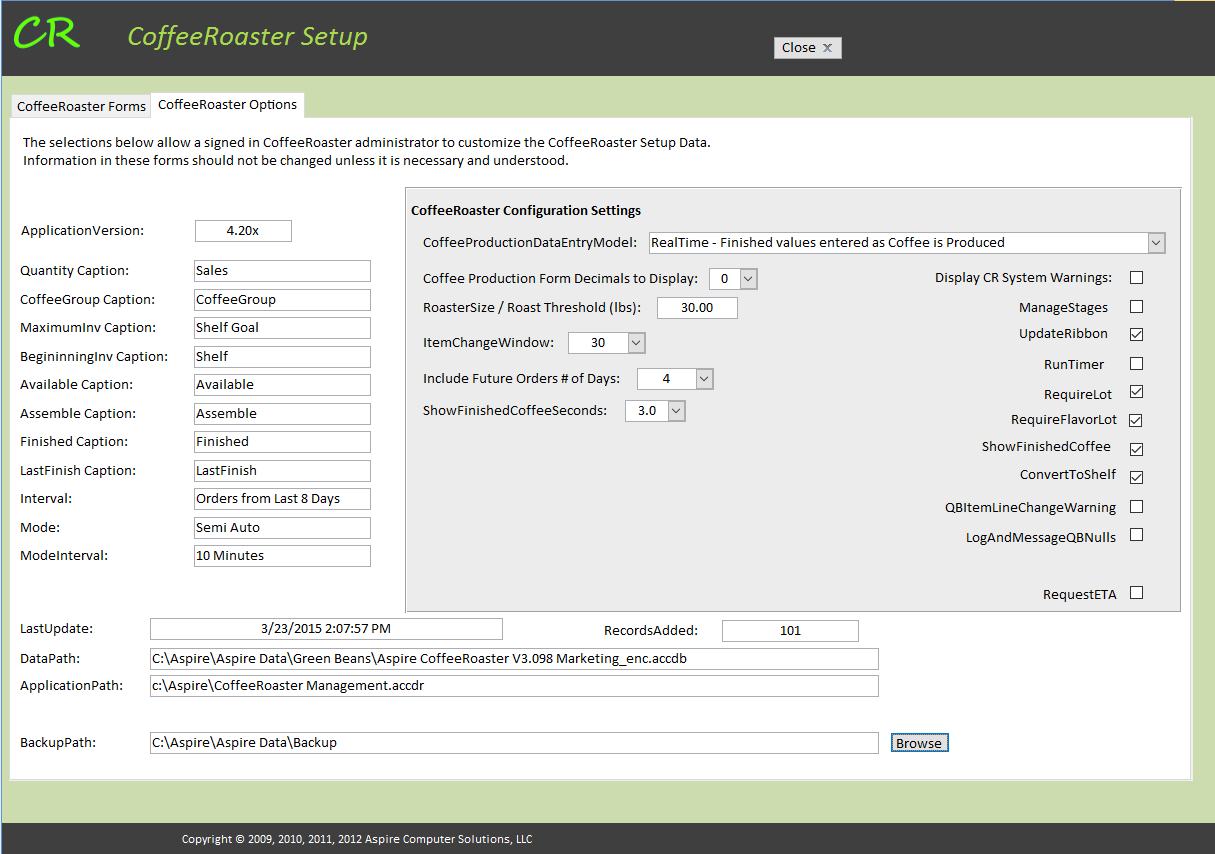 CoffeeRoaster Setup Form