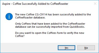 CoffeeRoaster New Coffee Wizard Confirmation Message