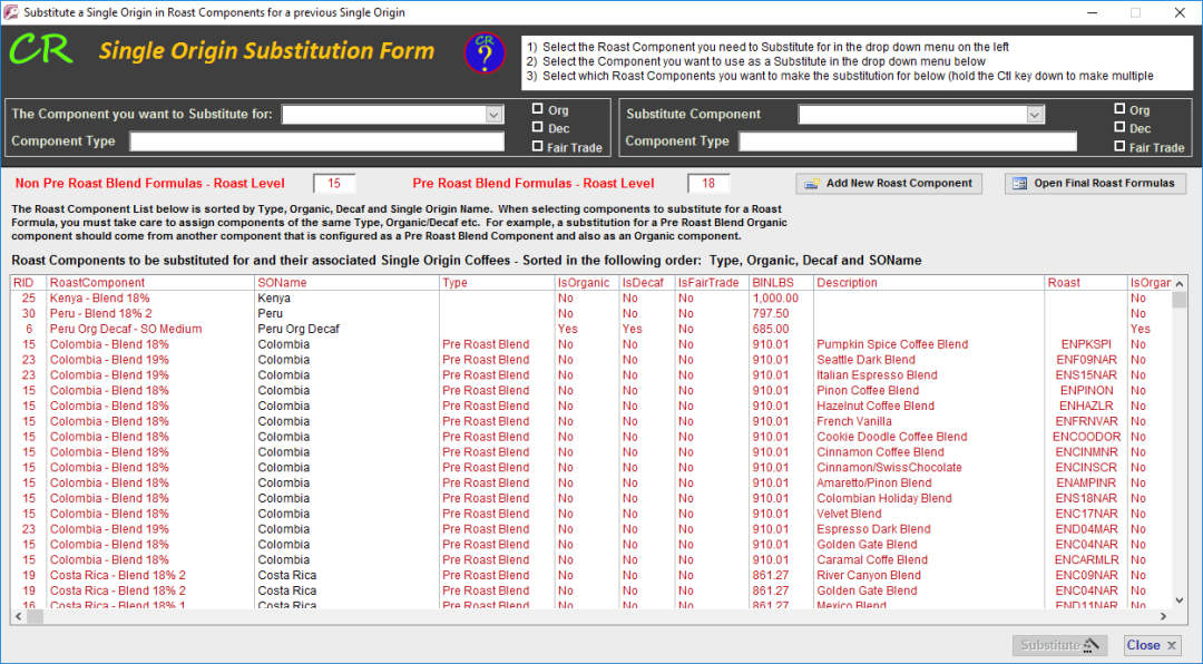 CoffeeRoaster Roast Component Substitution Form