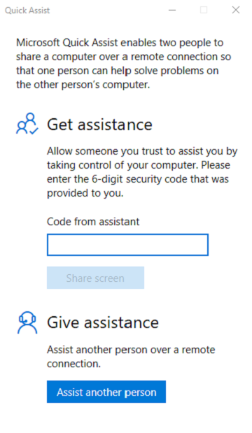 Windows 10 Quick Assist Start Screen