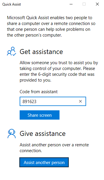 Windows 10 Quick Assist Enter Code